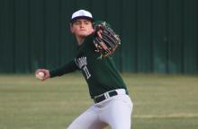 Preston Burns rears back to make a throw to first from the shortstop position during the Buckaroos’ opening scrimmage in February. Burns helped contribute to a home win Friday, March 27 against Dublin. (Archive photo)
