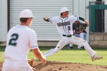 (Photo/Thomas Wallner) Preston Burns fires off a pitch at the mound during the Bucks matchup against Peaster held Friday, April 10. They traveled Tuesday, April 14 and fell 3-1 to the Comanche Indians.