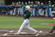 (Photo, Thomas Wallner) Brenham Walker swings at a pitch Thursday, April 30 from the Iowa Park Hawks during game two of the best-of-three bi-district game. The Bucks fell 8-0 in the game and fell 10-0 to the Hawks during Game 1 Wednesday, April 29 at Bowie.