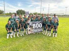 The Lady Bucks pose for a team photo after celebrating Chloe Whitmire's 800th career strikeout Tuesday, April 16 in Early. Photo/Mike Williams