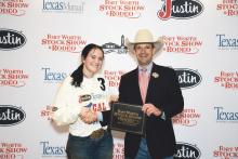 MacKenzie Cloud, in her third year of competition, made a catch at this year’s Fort Worth Stock Show and Rodeo calf scramble to earn money towards next year’s show and eligibility for college scholarships. Contributed photo/FWSSR