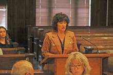 Breckenridge City Manager Cynthia Northrop briefly spoke with the Stephens County Commissioner's Court Monday, Oct. 23 regarding a new interlocal agreement between the two entities involving a new emergency alert system. Photo/ Mike Williams
