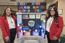 Anabelle Contreras (left) and Chelsey Granados present their project on teen mental health. The duo earned second place at the FCCLA state competition and will represent their chapter July 5–11 at nationals in Washington, D.C. (Halee Mitchell/Contributed photo)