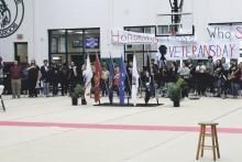 The flags representing the branches of the armed forces and those killed or missing in action were displayed Wednesday, Nov. 29 during the BISD Veterans Day Assembly held at Breckenridge High School. Photo/Mike Williams
