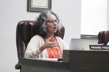 Breckenridge ISD Interim Superintendent Prairie Freeman discusses the 2024-2025 proposed budget during a budget workshop meeting held in the BISD administration building Monday, Aug. 26. Photo/Mike Williams