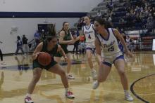 (Photo/Alex Kielar) Analia Palacios dribbles the ball during the second half of the Lady Bucks’ 49-21 loss Friday, Jan. 16 to the Peaster Lady Hounds. 