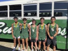 Chance Stewart, Adrian Saucedo, Andrew White, Kasen Ferguson and Angel Alvarado (not in order) each earned medals for their finished in the boys’ varsity and junior varsity races at the Dublin FCA cross country meet Wednesday, Sept. 20 at Dublin High School. Photo/Donny Funderburg