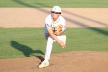 (Photo / Alex Kielar) Zachary Beltran came to pitch in relief Tuesday night, April 16 for the Bucks and set down all five batters he faced to close out a thrilling 6-5 win. 