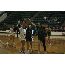 (Photo/Alex Kielar) LaKyla Bartley, right, and Neveah Johnson, middle, defend a Dublin shot attempt during the first half of the Lady Bucks’ 46-34 district road victory Friday, Jan. 9. 