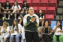 Lady Bucks senior Joni Jackson tries to fire up her team during the second set of the Lady Bucks’ 3-1 loss Friday, Sept. 20 at Eastland. Photo/Mike Williams