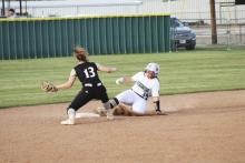 Joni Jackson slides into second base on a second inning double Wednesday against Clyde. Jackson finshed the game with two doubles and a home run. Photo/Mike Williams