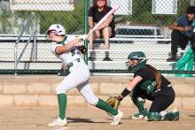 (Photo/Thomas Wallner) Zoey Vandygriff swings at a pitch during the senior night matchup against the Dublin Lady Lions. The Lady Bucks took on the Millsap Lady Bulldogs and came away with a 23-6 blowout victory Tuesday, April 14.