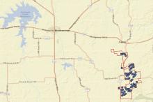 Blue dots represent proposed locations for the La Casa wind farm project in southeast Stephens County. County commissioners will consider amendments to the abatement agreement Monday, May 13 at 9 a.m. File photo