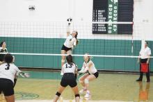 Miley Roberts (8) continued her strong senior season of volleyball with 11 kills and three digs Friday, Sept. 27 against Dublin. Photo/Mike Williams