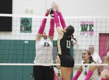 Cut 1: Lady Bucks inside blocker Raegan Robinson attempts a block on a swing in the third set of the Lady Bucks 3-1 loss Tuesday, Oct. 8 against Comanche. Photo/Mike Williams