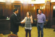 Stephens County Judge Michael Roach swears in new county treasurer Kelsey Cornwall (center). She was appointed to the position Monday, Nov. 6 following after the county was forced to rescind the appointment from Mary O’Dell. Photo/Mike Williams