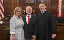 Will Thompson was sworn in Thursday, April 23 at the Stephens County Courthouse as the new Stephens County Judge by 90th Judicial District Judge Phillip Gregory. Thompson was appointed to fill the unexpired term of Michael Roach and will be on the ballot in November. (Contributed photo)