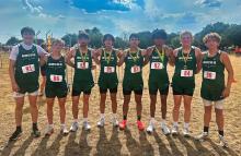 (Contributed Photo/Alex Kielar) The Bucks were the overall winners of the Dublin FCA invitational cross country meet Wednesday, Sept. 17. From left are Logan Thompson, Landon Elting, Bodie Skiles, Agustin Byrd, Gabriel Garcia, Andrew White, Kason Burchett and Malaki Smith.