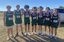 (Photo/Alex Kielar)  The Bucks cross country team, as well as the Lady Bucks, earned a third-place finish at the Hico Bluebonnet Invitational at the Bluebonnet Country Club. From left to right are Maliki Smith, Logan Thompson, Andrew White, Gabriel Garcia, Bodie Skiles, Agustin Byrd and Landon Elting. White, Garcia, Skiles and Byrd each earned medals as top 20 finishers. 