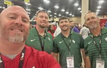 (Photo/Coaches Corner) From left to right is Coaches Corner Founder Shea Diffie with Breckenridge High School Assistant Track Coach Tanner Crain, Head Track Coach Cameron Prewitt and Head Baseball Coach Jeremy West at the 93rd Annual THSCA Convention and Coaching School held July 20-22 in San Antonio.