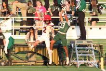 (Photo/Alex Kielar) Ryan Waller comes down with a catch in the back left corner of the end zone, which was the first touchdown for the Bucks in their 35-6 win over Eastland in the Homecoming game. Waller had a total of five catches for 116 yards and the touchdown. 