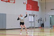 (Photo/Alex Kielar) Preslie Malcuit gets set to serve in the Lady Bucks scrimmage Friday, Aug. 8 at Albany. The Lady Bucks dropped their first official match, three sets to zero, Tuesday, Aug. 12 at Poolville. 