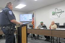 (Photo/Alex Kielar) BPD Police Chief Blake Johnson at the Breckenridge City Commission meeting Tuesday, Oct. 14. The city of Breckenridge announced at the meeting that they have received a Criminal Justice Division grant through the governor’s Public Safety Office for the implementation of new body-worn cameras for all 11 officers of the police department.