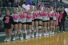 (Photo/Alex Kielar) The Lady Bucks stand during the national anthem before the Lady Bucks’ Senior Night victory over the Dublin Lady Lions. 