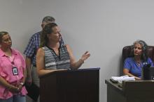 (Photo/Alex Kielar) The Breckenridge ISD school board voted unanimously in favor of placing a facilities improvement bond on the November ballot after hearing a presentation of two options Monday, Aug. 11 from the Facilities Planning Committee, which included Stephens County Treasurer Kelsey Cornwall.