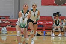 (Photo/Alex Kielar) Kamden Tidwell watches the ball come down and is ready to bump it to set it up for a spike as the Lady Bucks take on Jim Ned JV during pool play of the Albany Tournament Thursday, Aug. 28. 