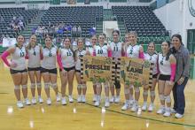 (Photo/Alex Kielar) Prior to the Lady Bucks' final match Friday, Oct. 24 against Peaster, match, Lane Bartoskewitz and Preslie Malcuit were each honored for their career totals; Malcuit for 250 career kills and Bartoskewitz for 400 kills and 450 digs.