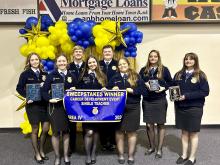 Woodson FFA took first place in the single teacher division at the Texas FFA Area IV Convention in Wichita Falls. Two students earned trips to the state Speaking Development Events Contest next month in Stephenville. Contributed photo/Tacy Ellis