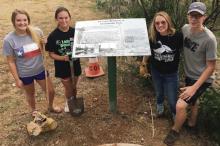 From left, Breckenridge High School students Diana Patterson, Mackenzie Harris, Elyssa Glick and Braxton Post pose for a photo after placing historical markers and planting tress along the walking trail of Miller Park in Breckenrige as part of a project through TMCN.