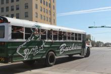 The Bucks football team rode up to Walker Street on Thursday, as they were sent off before their playoff game. BA photo by James Norman