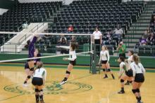 JV Green player, Liberty Blades (13), strikes a kill shot back to the Tolar JV players that was not returned. The Lady Bucks teams was playing Tolar at home Tuesday, Sept. 11, at the Breckenridge ISD Athletic and Fine Arts Center. BA photo by Jean Hayworth