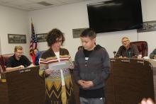 The Student of the Month for South Elementary is fifth-grader Anthony Munoz from Jennifer McKay's classroom. Assistant principal Prairie Freeman was on hand to present the certificate. BA photo by Jean Hayworth