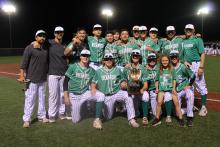 The Bucks baseball team poses with their new hardware after besting the Henrietta Bearcats 9-1 and 10-0. BA photo by James Norman