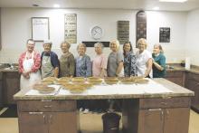Members of First Methodist Church prepared pies Oct. 18-19 for the church’s annual Turkey Dinner which takes place Thursday, Nov. 9. From left to right: Sharon Toland, Rosa Leveridge, Judy Hart, Ann Heckart, Elaine Goswick, Karen Duggan, Pastor Sam Chambers, Martye Underwood, Janice Smith. Photo/Mike Williams