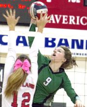 Breckenridge sophomore middle hitter Madison Stanley scores on a kill during a district game against Eastland last Saturday. The Lady Bucks wrap up the regular season Tuesday.