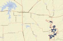 Blue dots represent approved locations for a proposed wind farm in Stephens County. The project from La Casa Wind, LLC, was approved for a tax abatement following a public hearing March 11. Contributed photo/Stephens County